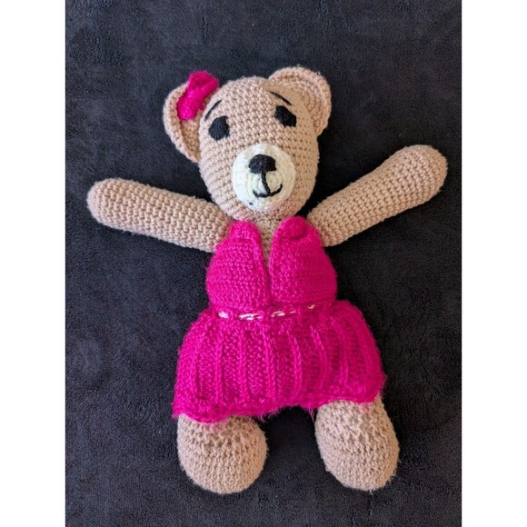 14" Handmade Crochet Knit Bear In Pink Dress Soft Plush Nursery Decor Baby Gift - Picture 2 of 14